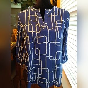 EST 1846 Blue and White Pattern High Low Blouse Small